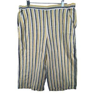 Ellen Tracy Women Pant Sz L Capri 100% Linen Yellow Striped Beachy Casual Granny